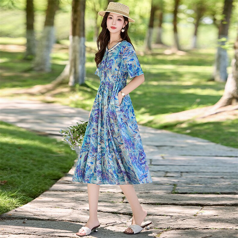 2026夏装新款简约时尚休闲气质印花连衣裙,女装连衣裙,魅丽静蓝