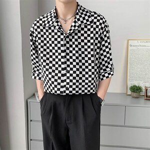 现货2024新款夏季港风格子七分袖短袖衬衫男DS-A328P55，男装T恤，星座406