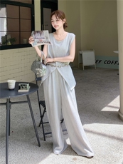 休闲气质盐系浅灰色无袖上衣阔腿裤套装女夏季ootd穿搭减龄两件套，女装套装/套裙，蝶眷