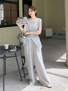 休闲气质盐系浅灰色无袖上衣阔腿裤套装女夏季ootd穿搭减龄两件套图片