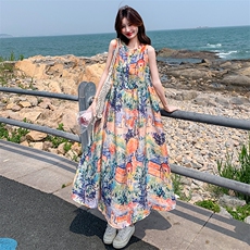 蕾丝拼接度假风无袖碎花连衣裙女夏2025新款绝美流行爆款多巴胺，女装连衣裙，2C110