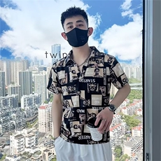 男潮流标准青春流行衬衫潮新款方领ins文艺五分袖时尚夏季慵懒，男装衬衫，星座1013