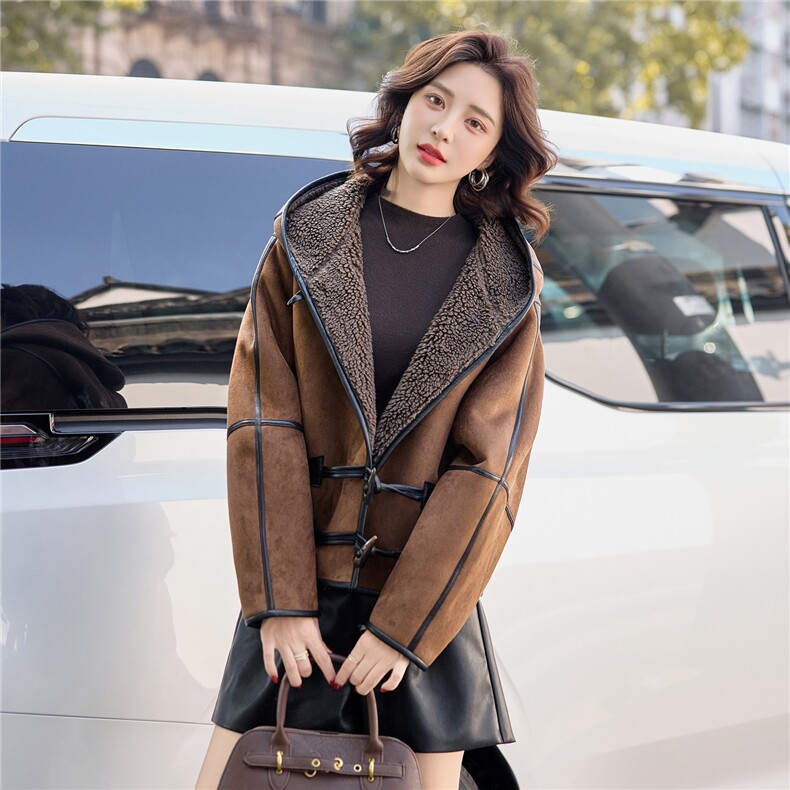 时尚休闲连帽麂皮绒皮毛一体外套女2025秋冬新款加绒加厚保暖棉衣,女装短外套,美沁