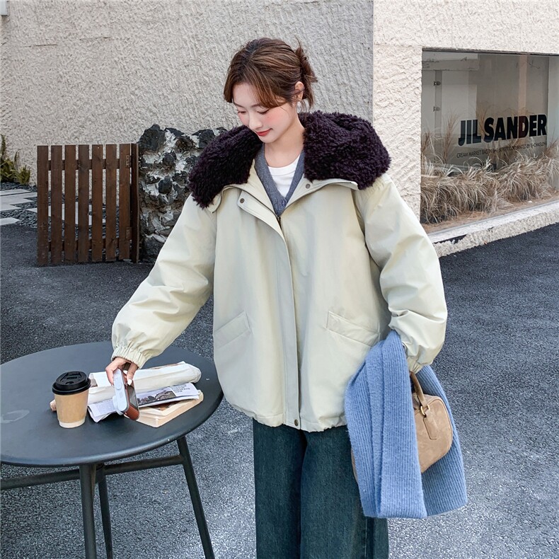 羊羔毛大翻领连帽工装派克服女中长款2025冬季90白鸭绒加厚羽绒服,女装羽绒服,2C159