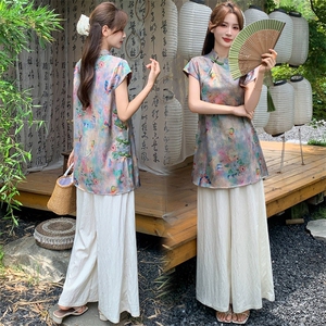 新中式g风套装女2026夏季流行复古印花盘扣旗袍上衣阔腿裤两件套图片