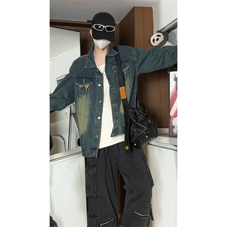 宽松毛边深蓝色夹克外套男牛仔衣KD639-P75,男装工装外套,电商D312-1