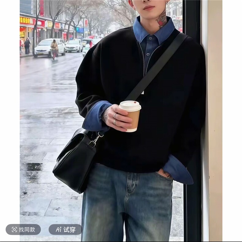 网图！2026春季新款百搭潮流美式长袖T恤男假两件卫衣C26005-TP48，男装T恤，电商C213(原B265)