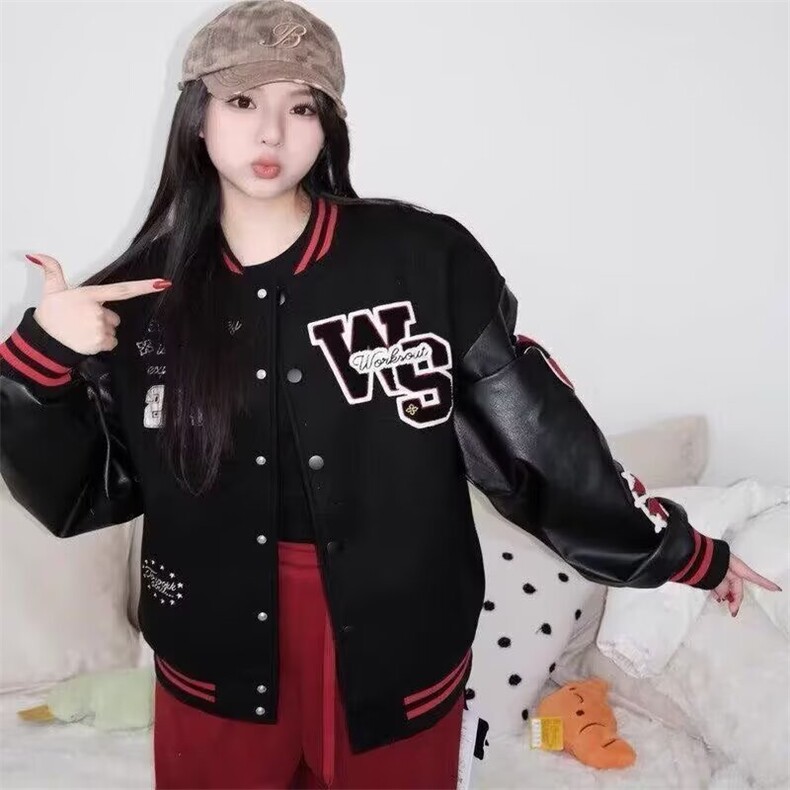 式PU拼接棒球服外套女2025春秋新款宽松设计感刺绣百搭夹克上衣,男装夹克,星座506A