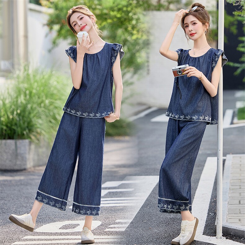 韩版刺绣牛仔阔腿裤两件套装女2025夏季新款小个子时尚飞袖套装潮,女装套装/套裙,魅影