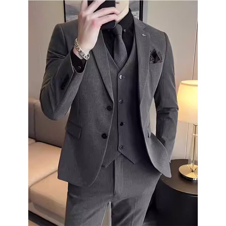 高级灰气质英伦风修身西服男2026秋冬新郎结婚礼服商务大码职业装图片