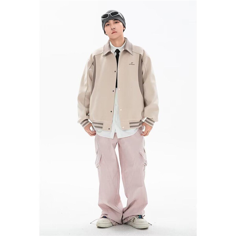 W9558-P65 网图现货 美式高街撞色拼接毛呢棒球服夹克外套图片