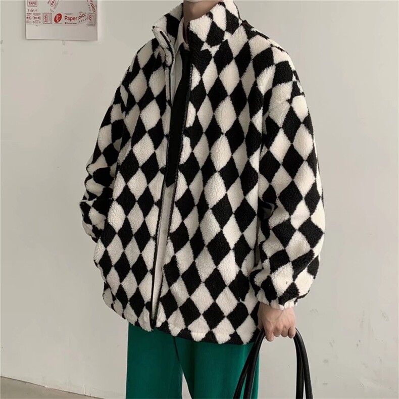 秋冬季棋盘格羊羔绒棉服男港风百搭宽松棉衣学生棉袄W2141-P70,男装棉衣,星座512-2