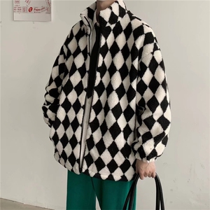 秋冬季棋盘格羊羔绒棉服男港风百搭宽松棉衣学生棉袄 W2141-P70图片
