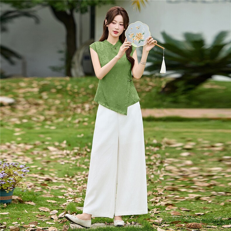 新中式风套装女夏高级感缎面提花天丝亚麻阔腿裤时尚洋气两件套,女装套装/套裙,丽影随形