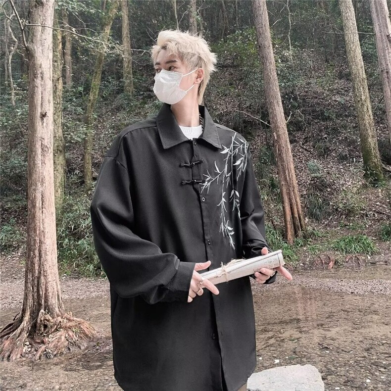 新中式风盘扣刺绣长袖衬衫男装设计唐装道袍衬衣外套春C4539,男装衬衫,星座1116A-1（原606A）