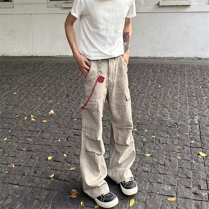 美式复古大理石暗纹口袋直筒阔腿工装伞兵裤+挂坠310A-4-A109-P65,男装牛仔裤,星座310A-4
