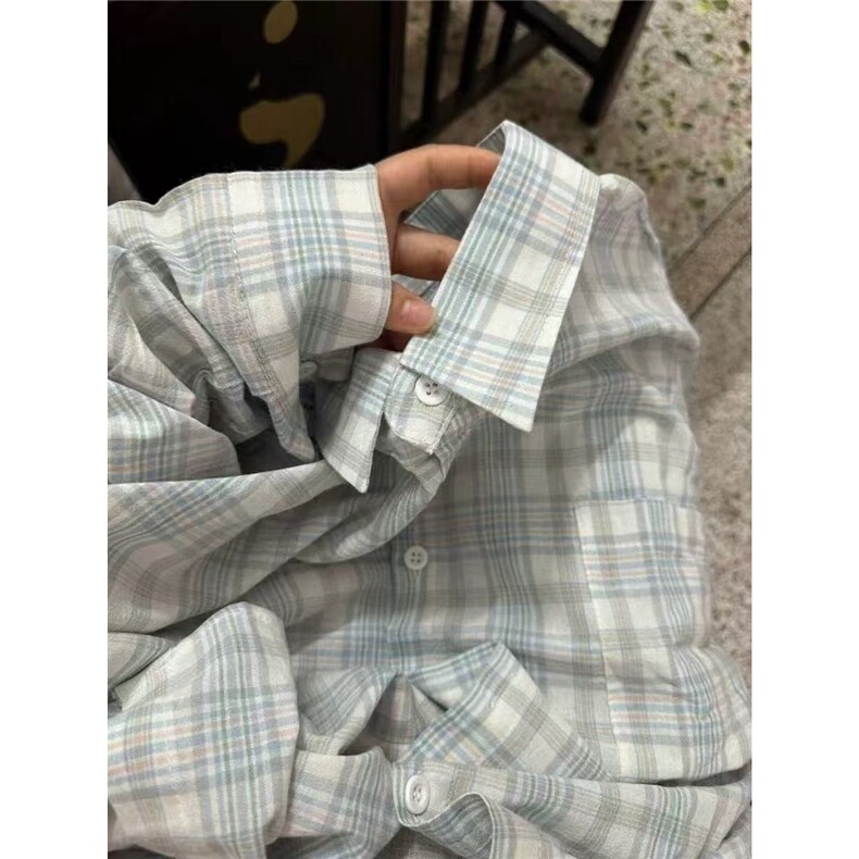 法式蓝色格子衬衫女夏季薄款2025新款防晒上衣宽松百搭学院风外套，男装防晒衣，星座1210-1