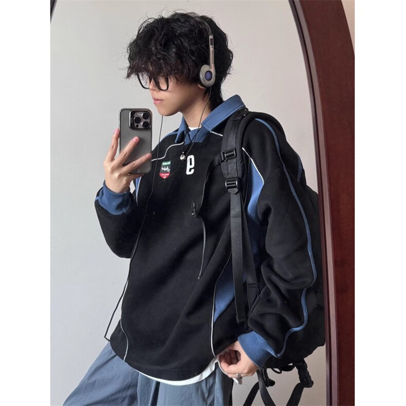 秋冬设计感拼接polo领球衣美式V领卫衣男女加绒运动上衣WY177,男装卫衣,星座1116A（原606A-3）