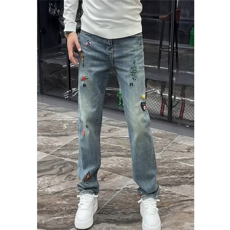 牛仔裤男美式刺绣欧货休闲裤男宽松百搭帅气2025新款印花潮男裤子,男装牛仔裤,星座506A