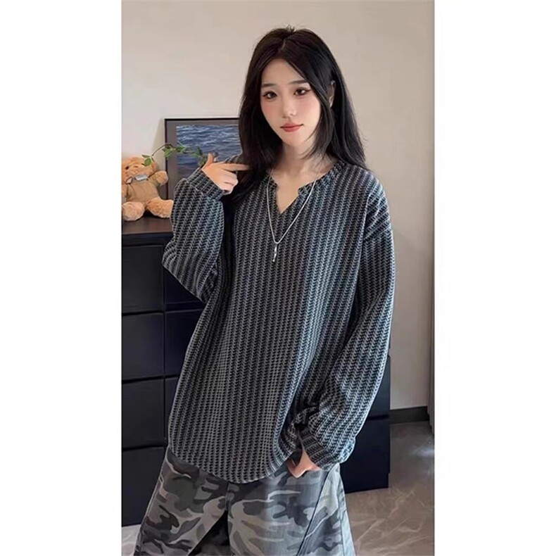 美式高街千鸟格子长袖T恤男女亨利V领英伦雅痞休闲宽松长袖打底衫，男装T恤，电商A443