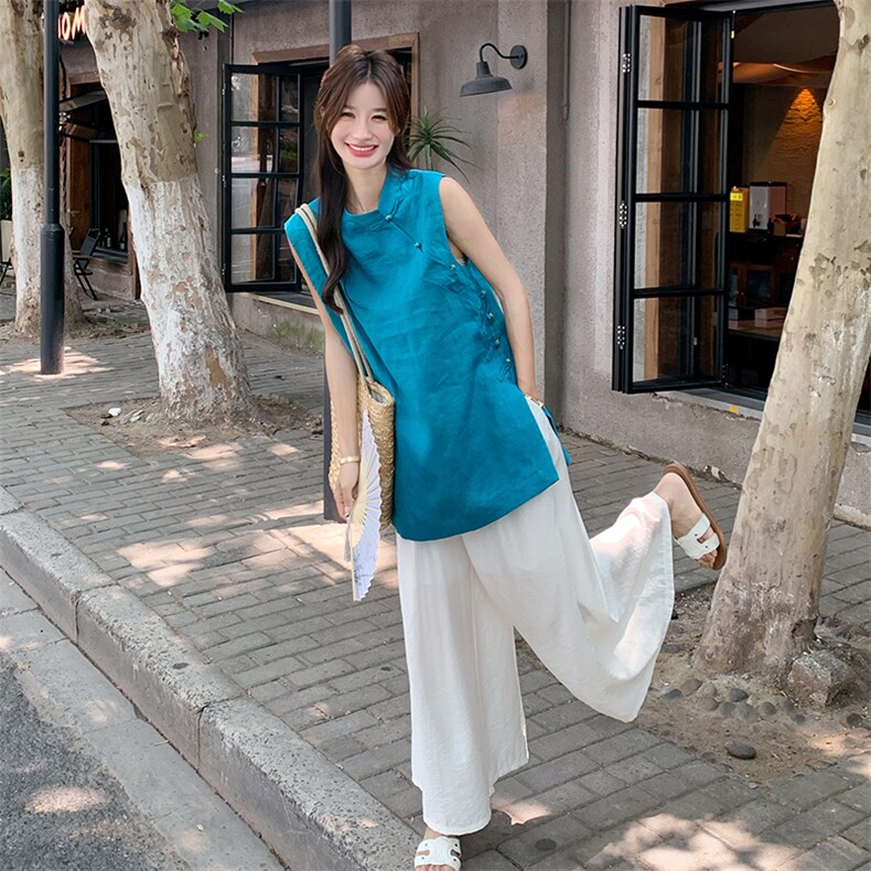 已出大货！新中式改良旗袍上衣+阔腿裤套装8609-P165-K248,女装套装/套裙,2D034