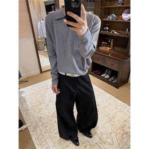 网图 高品质麦穗提花Polo翻领条纹毛织男女服针织长袖T恤A789-P63图片