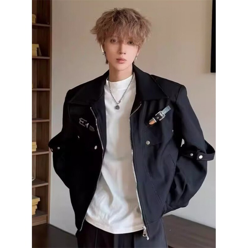 小众金属解构垫肩外套男款春季短款工装夹克痞帅机车服 J504图片