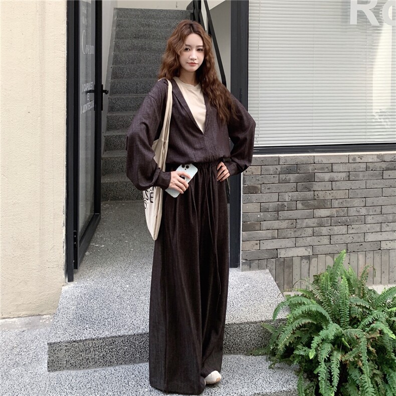 韩版复古显瘦时尚套装女2025春秋季新款气质百搭上衣阔腿裤两件套,女装套装/套裙,2C327