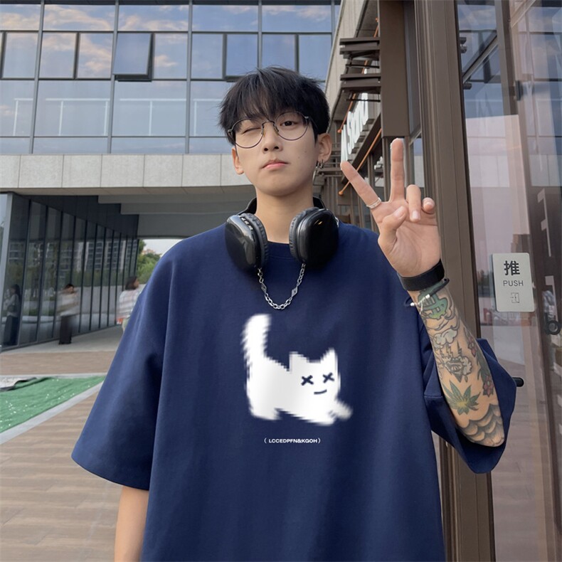 小猫印花圆领卫衣男款春秋季美式潮牌大码休闲上衣青少年重磅外套,男装T恤,电商B371