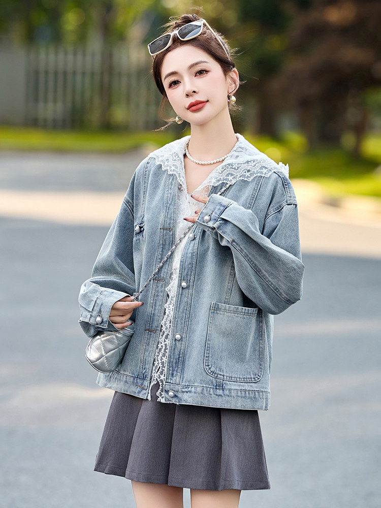 现货2025春季新款新中式g潮蕾丝复古做旧百搭水洗短款牛仔外套,女装短外套,然然