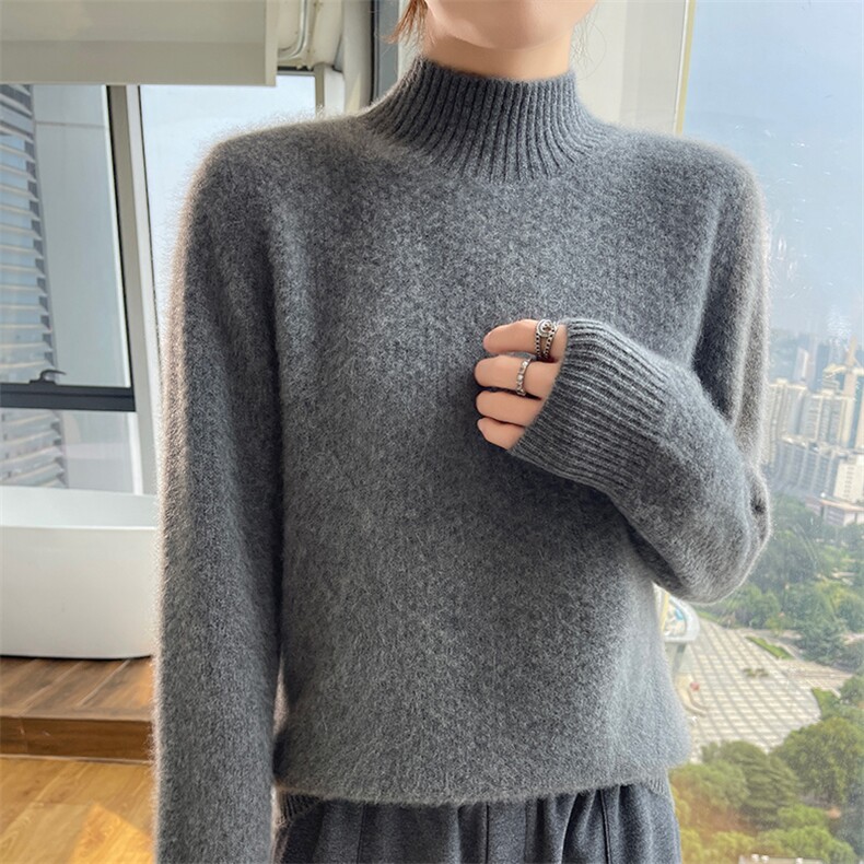 高端软糯提花山羊绒衫女半高领套头毛衣宽松加厚百搭针织打底衫,女装羊毛衫,美轩羊绒