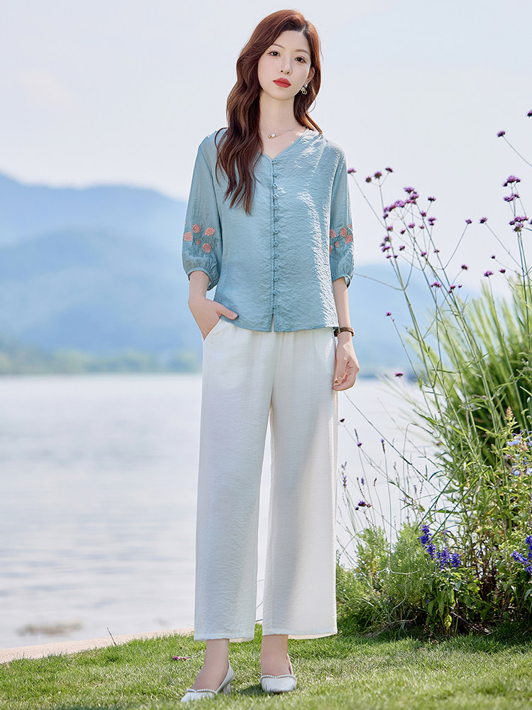 独特漂亮苎麻夏季2025新款宽松刺绣天丝衬衫棉麻裤妈妈,女装大码女装,木橙西子