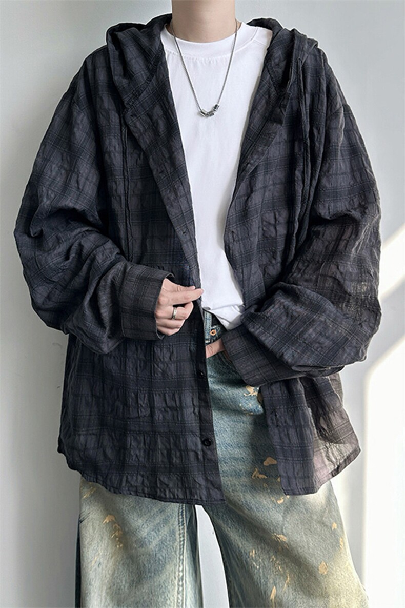 廓形防晒衬衫男夏季长袖冰丝薄款亚麻格子衬衣开衫外套CS29006P50,男装衬衫,电商B312