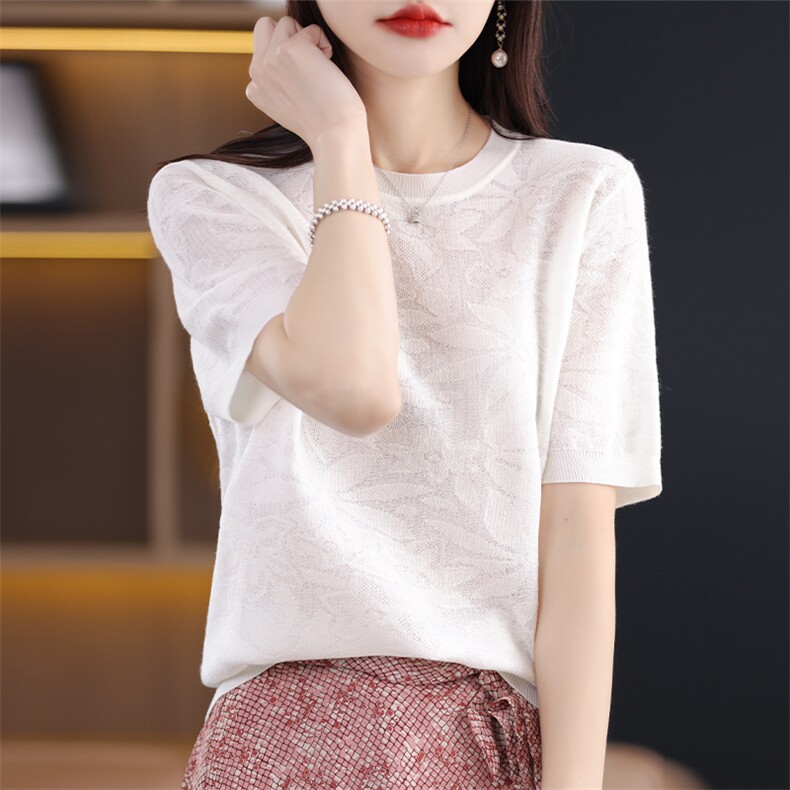 时尚百搭羊毛衫女秋冬季新款立体提花圆领短袖针织衫修身显瘦上衣，女装羊毛衫，科源羊绒