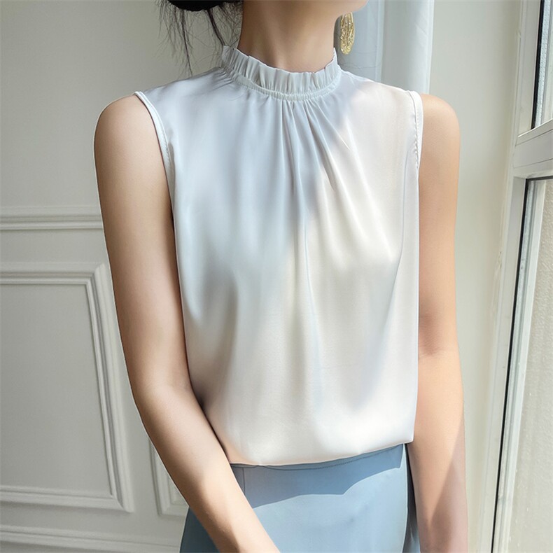 真丝半高领木耳边吊带背心女内搭砍袖打底醋酸打底百搭无袖上衣薄，女装背心吊带，朝贺羊绒