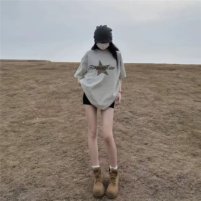 美式潮牌高街豹纹五角星短袖T恤男女宽松情侣半袖ins,男装T恤,星座1210-1