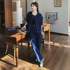 超火ootd穿搭松弛感牛仔套装女2025春季新款韩系减龄阔腿裤两件套，女装套装/套裙，2C293