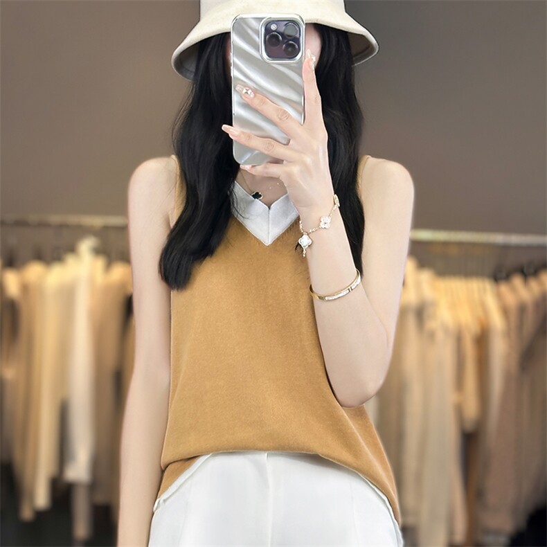 纯棉线针织假两件吊带背心女两面可穿设计感小众无袖打底衫拼色夏,女装T恤,丽特绒