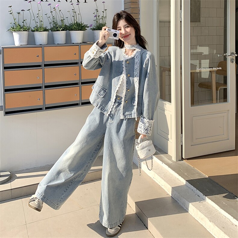 蕾丝花边拼接牛仔套装女2025春季新款盐甜系短款外套阔腿裤两件套,女装套装/套裙,2D076