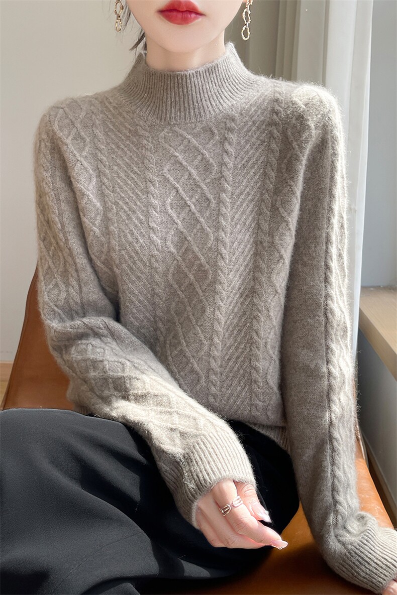 女士羊毛衫加厚菱形绞花半高领羊毛,女装羊毛衫,犀桦羊绒