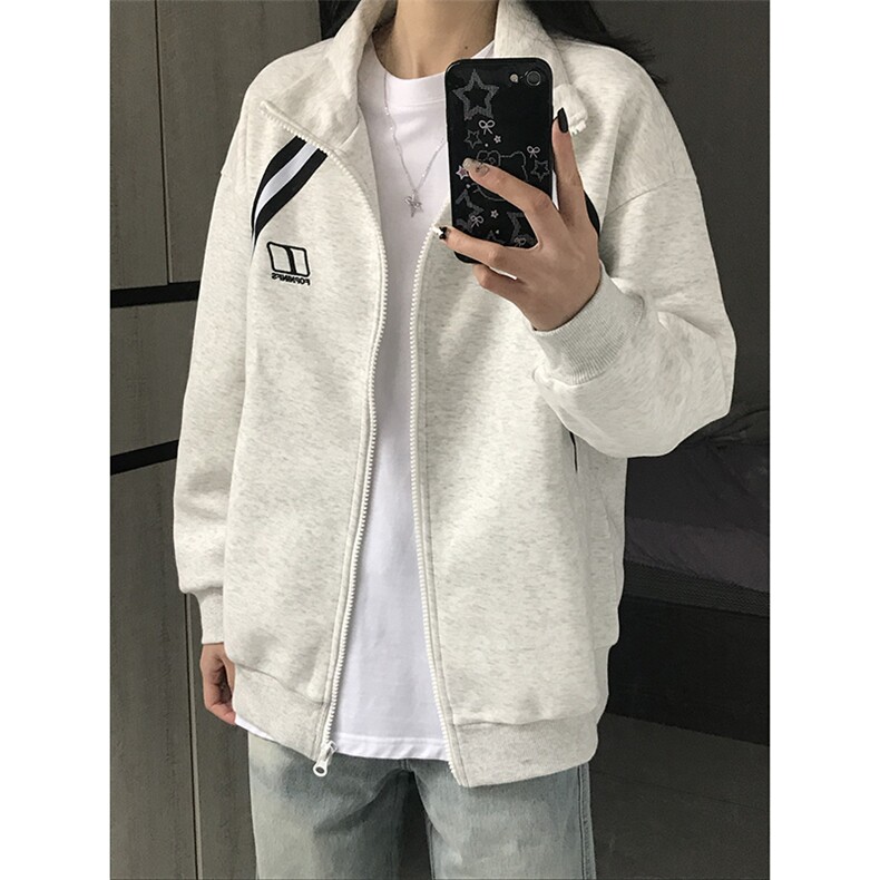 ！白花灰美式运动条纹拼接开衫重磅卫衣外套,女装短外套,星座617C