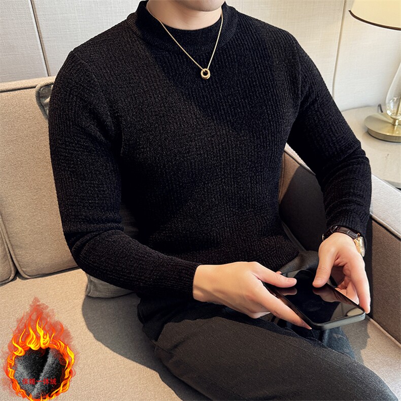 一体绒加厚针织衫 暗花修身半高领长袖毛衣针织打底衫男96005-p68图片