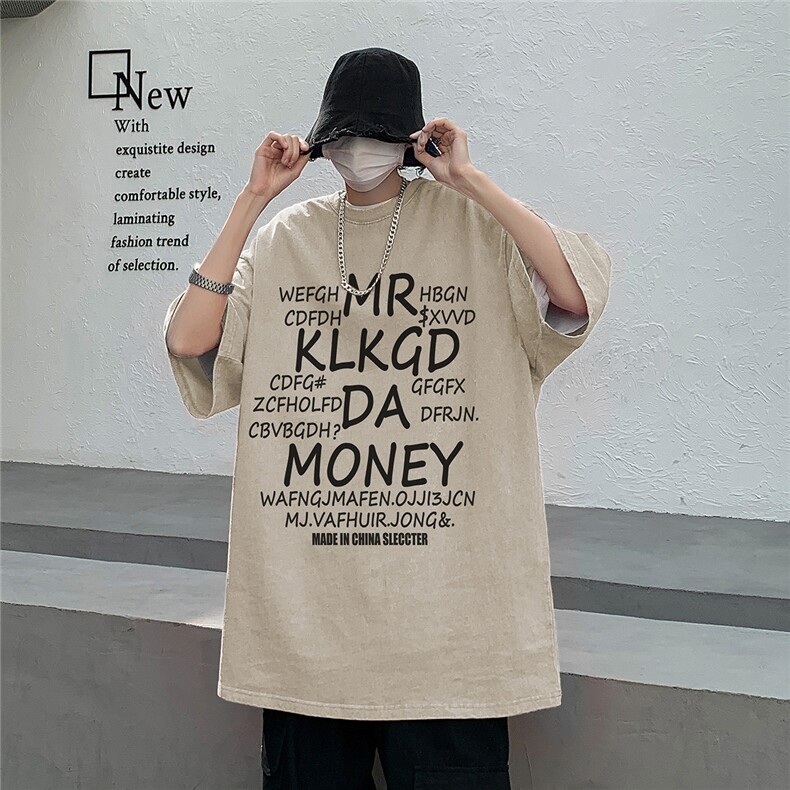 多巴胺玫红色短袖t恤男款夏季美式复古水洗做旧欧美街头大码上衣,男装T恤,星座203