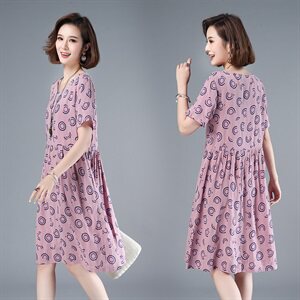 2021年夏季通勤韩版中长款A字裙40-49周岁印花圆点高腰短袖裙子图片