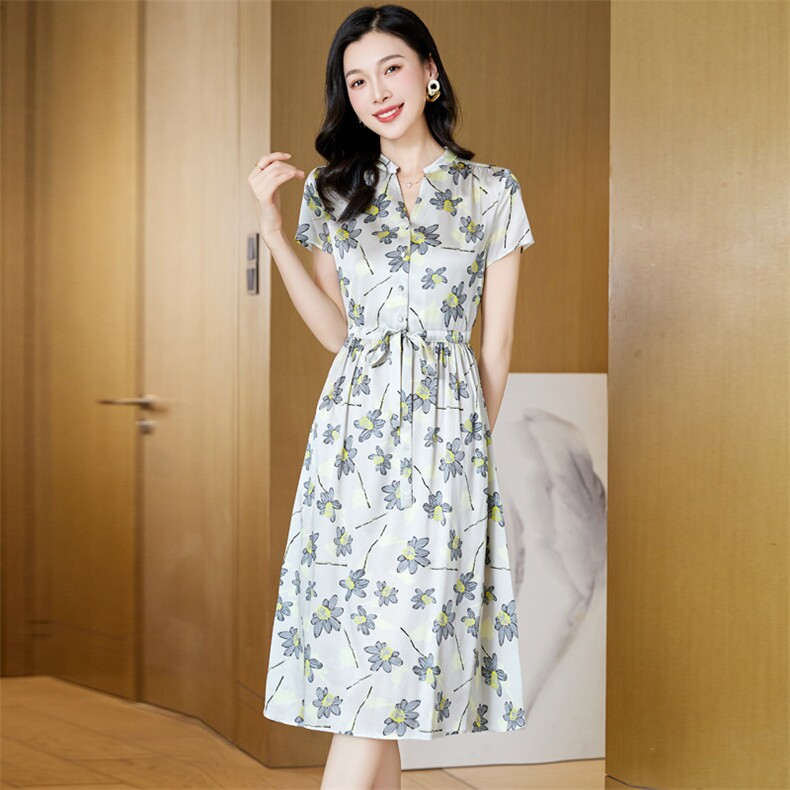轻熟风印花真丝连衣裙女夏季2024新款大码遮肚子显瘦桑蚕丝裙子夏,女装连衣裙,阿舍尔精品