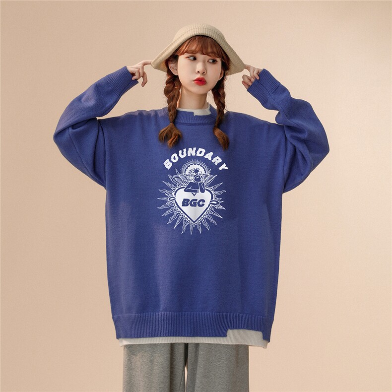 中性风秋/冬潮流小天使印花假两件圆领百搭套头毛衣M214P65控88图片