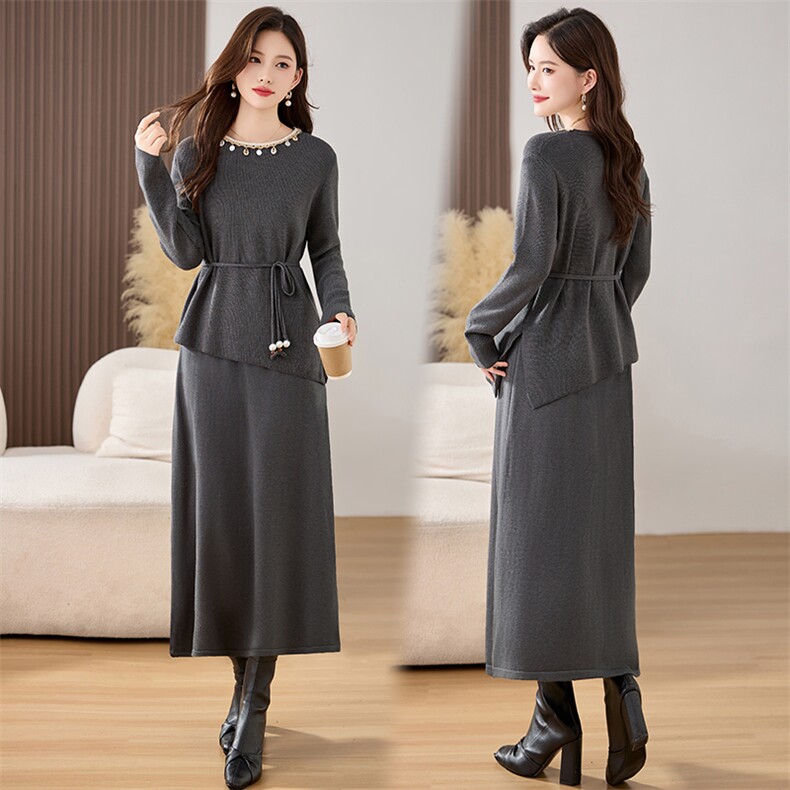 2025年冬季秋装新款针织两件套套装裙子休闲甜美风性价比高，女装套装/套裙，欣贝拉