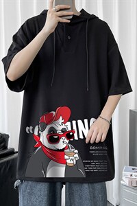 LD54218-P45 连帽短袖t恤男大码胖子带帽五分袖中袖图片