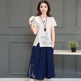 2021年夏季扣子开叉印花褶皱图案大摆裙两件套，女装套装/套裙，丽影随形