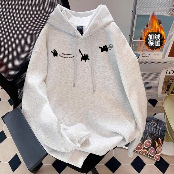 加绒加厚连帽卫衣小猫咪印花卫衣秋冬内搭可爱连帽卫衣青少年外套，女装短外套，星座1210-1